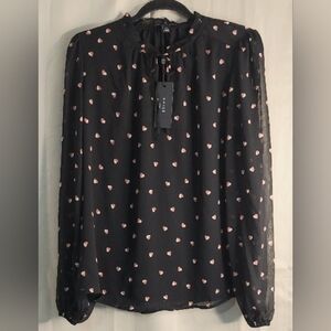 Haver London Top, Size L, Black & Rose Pink Pattern, Sheer Overlay, Necktie, New